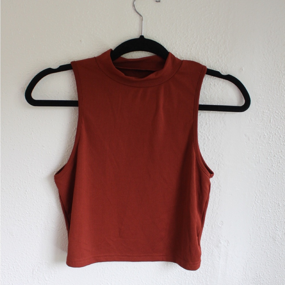 Rust Ribbed Mock Neck Crop Tank Fitted Sleeveless Top Minimal Chic S/M